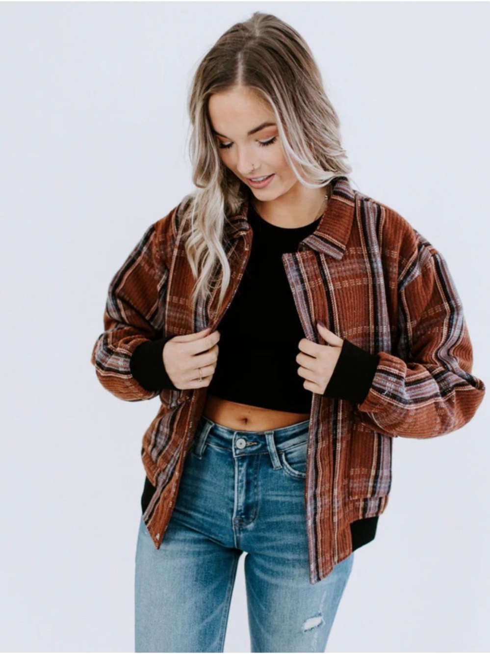 Brown Bomber brushed checkered oversized patch pockets academia preppy jacket M